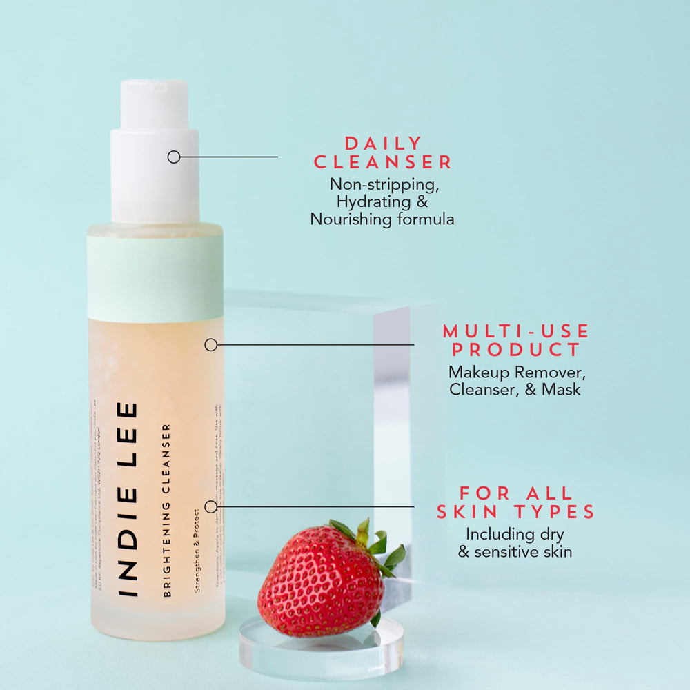 Indie Lee Brightening Cleanser pump showing easy, gentle makeup removal.