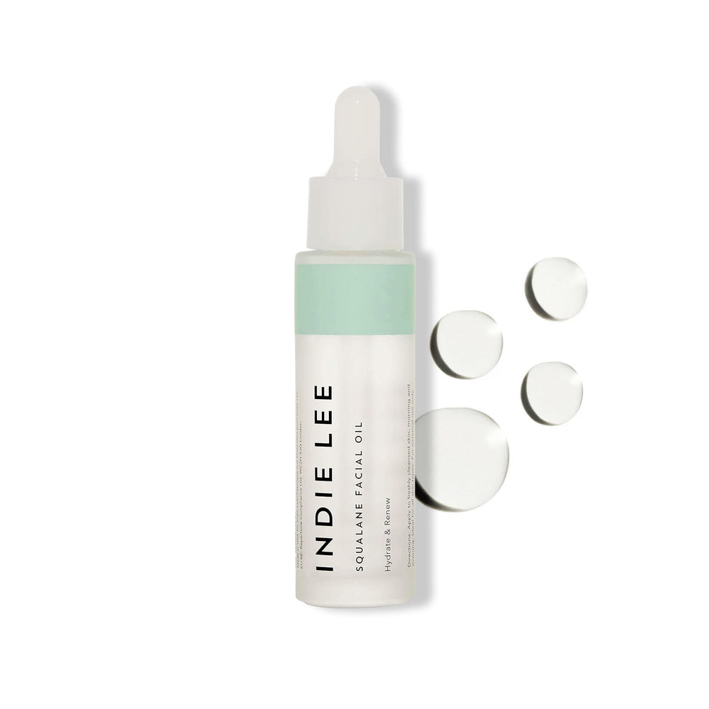Indie Lee Squalane Oil bottle promotes non-greasy hydration for all skin types.