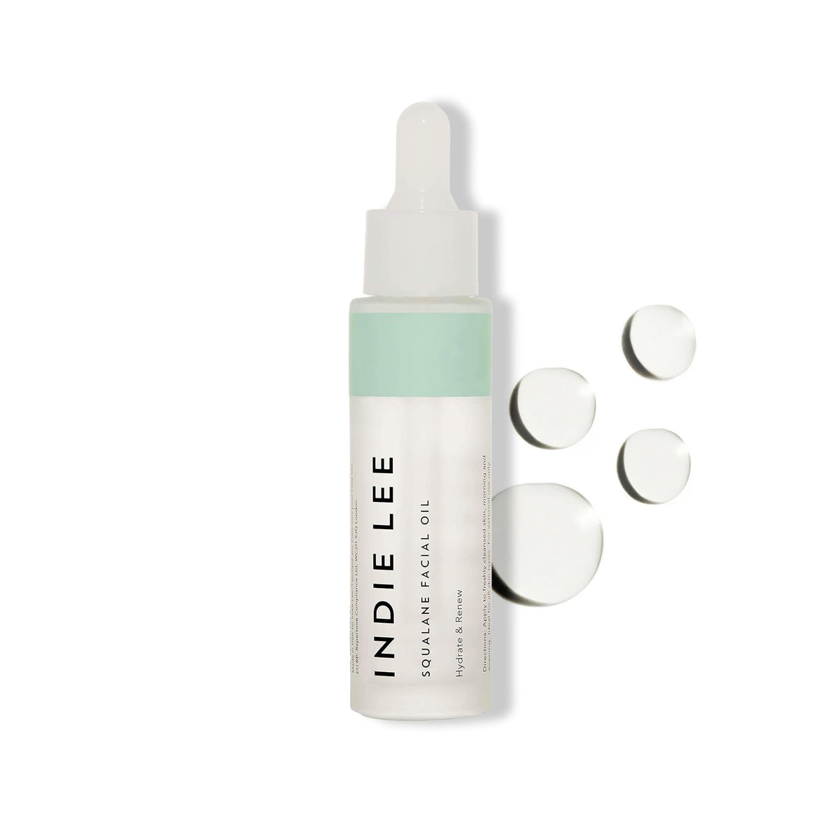 Indie Lee Squalane Oil bottle promotes non-greasy hydration for all skin types.