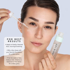 Indie Lee Squalane Oil on face demonstrates dewy glow without heaviness.