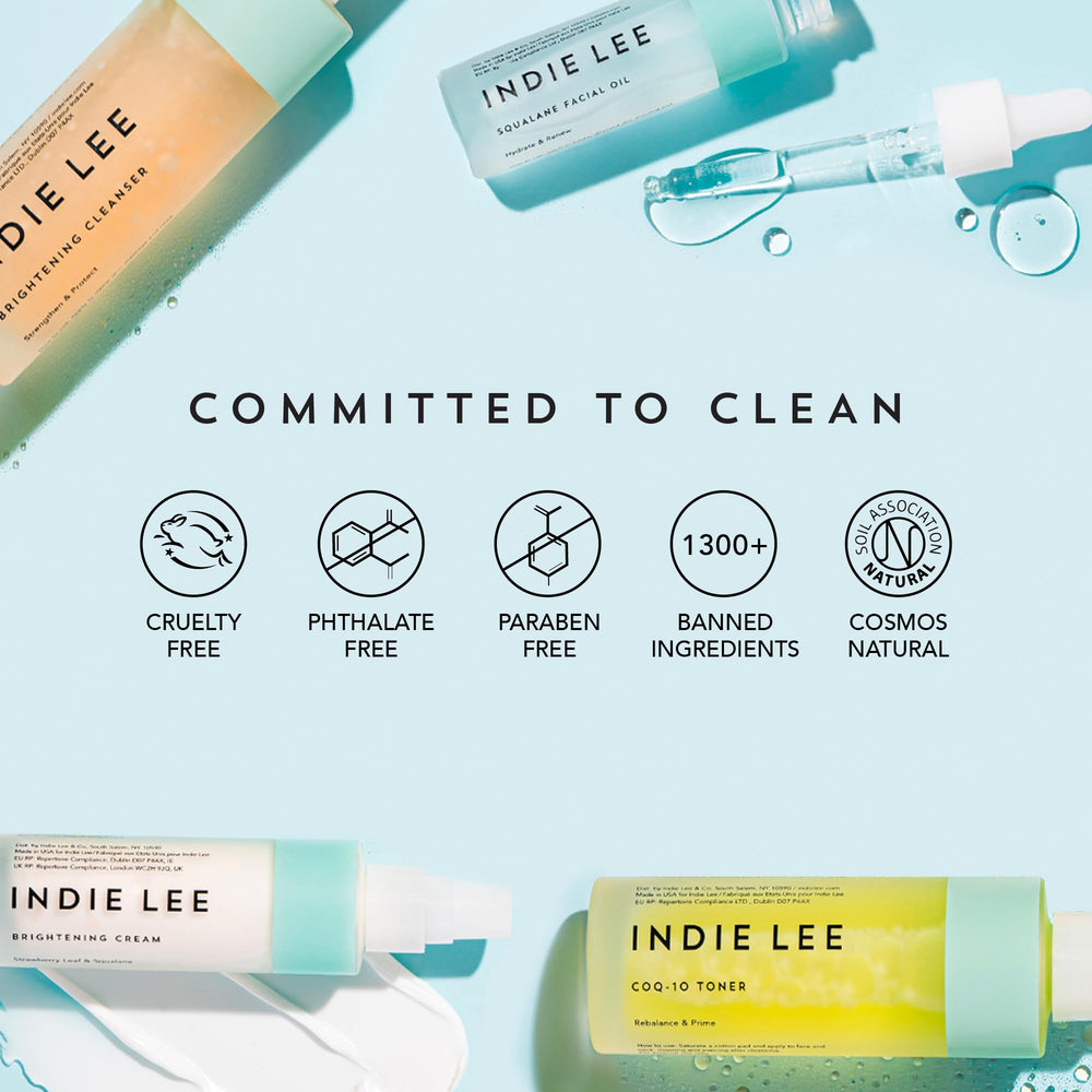 Indie Lee Squalane Oil ingredients-flatlay highlights vegan squalane purity.
