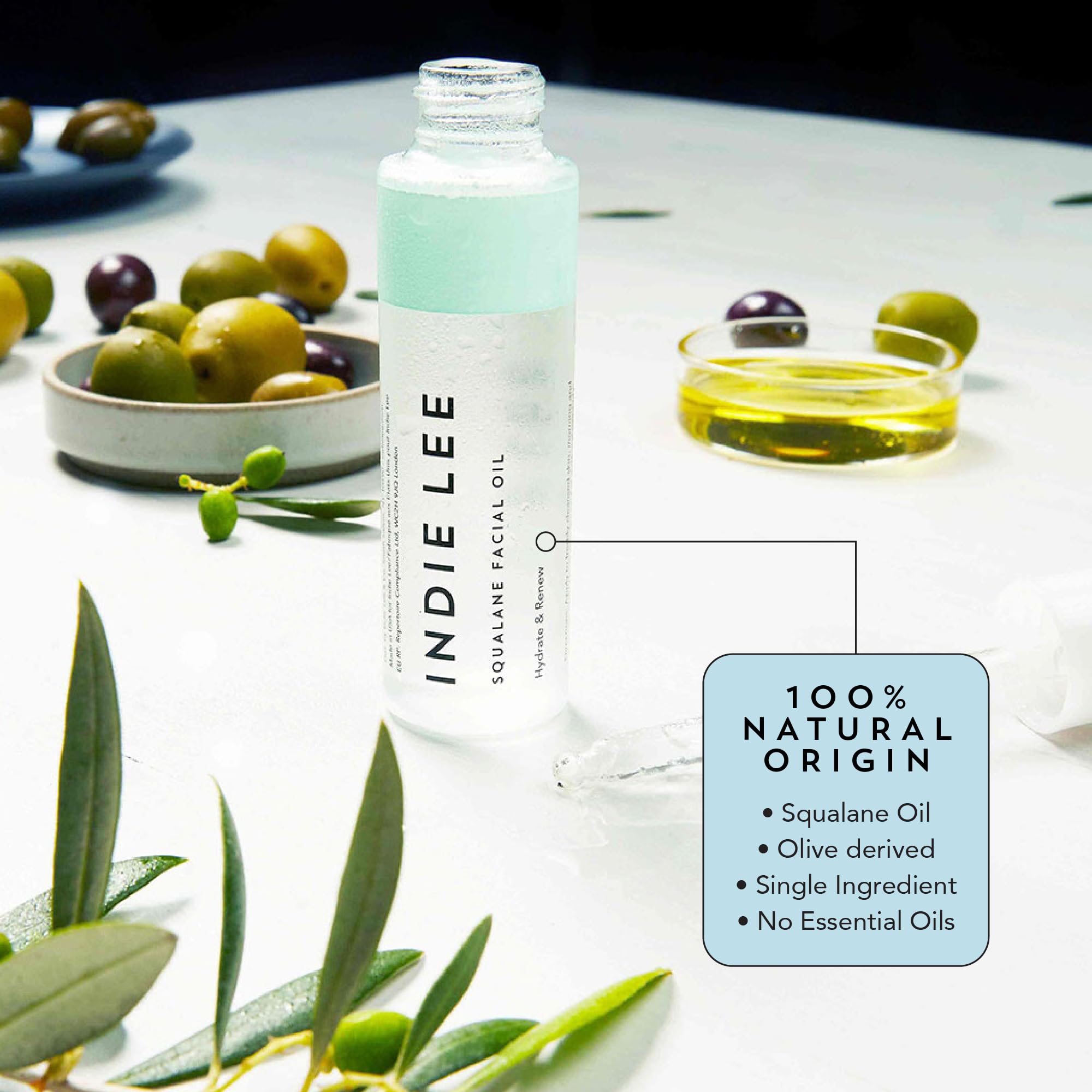 Indie Lee Squalane Oil texture close-up shows silky, fast-absorbent finish.