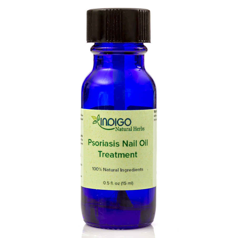 Indigo Natural Herbs Psoriasis Nail Oil Care on toenails illustrating targeted nail conditioning.