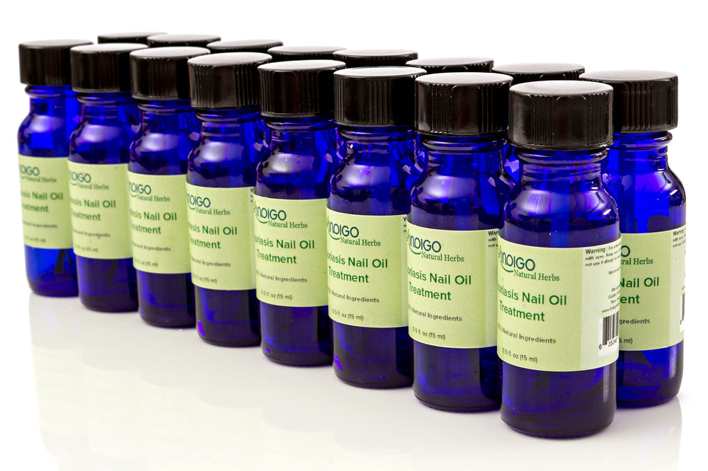Indigo Natural Herbs Psoriasis Nail Oil Care USA handmade packaging emphasizes American-made quality.