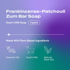 Indigo Wild Zum Goat Milk Soap Bar label close-up for Frankincense-Patchouli