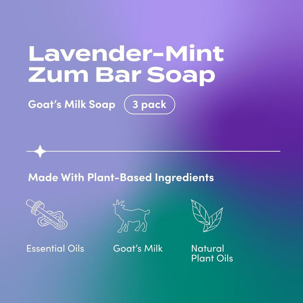 Indigo Wild Zum Goat Milk Soap bar lavender-mint closeup highlights soothing floral aroma.