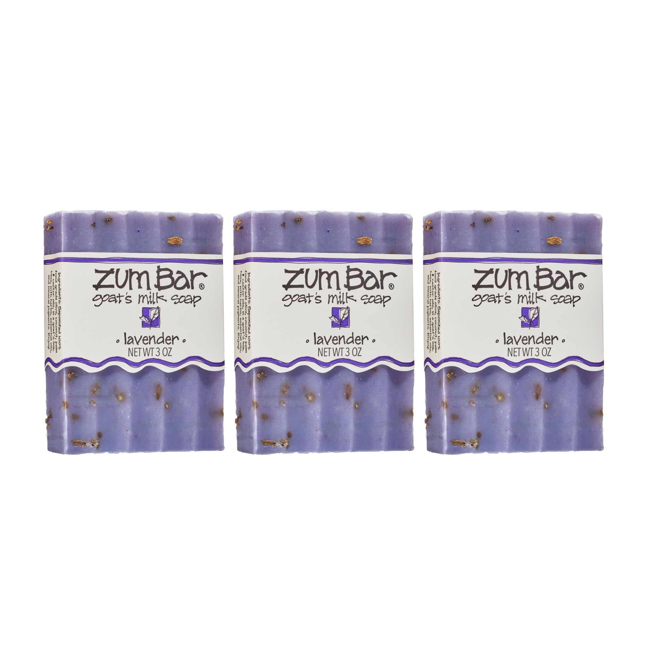 Indigo Wild Zum lavender goat-milk soap box shows a gentle daily cleansing 3-pack.