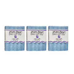 Indigo Wild Zum Goat Milk Soap Sea Salt pack demonstrates triple-bar set for ongoing cleansing and moisture