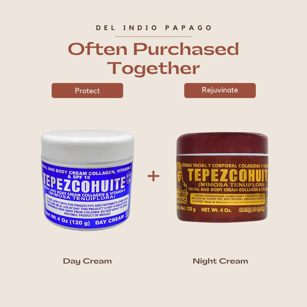 Indio Papago Tepezcohuite Night Cream packaging shelf shot signaling authentic Mexican formula.