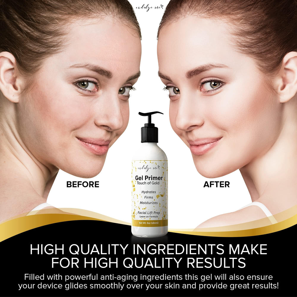IndulgeMe Conductive Gel Primer gold foil glow enhances complexion during treatment prep.