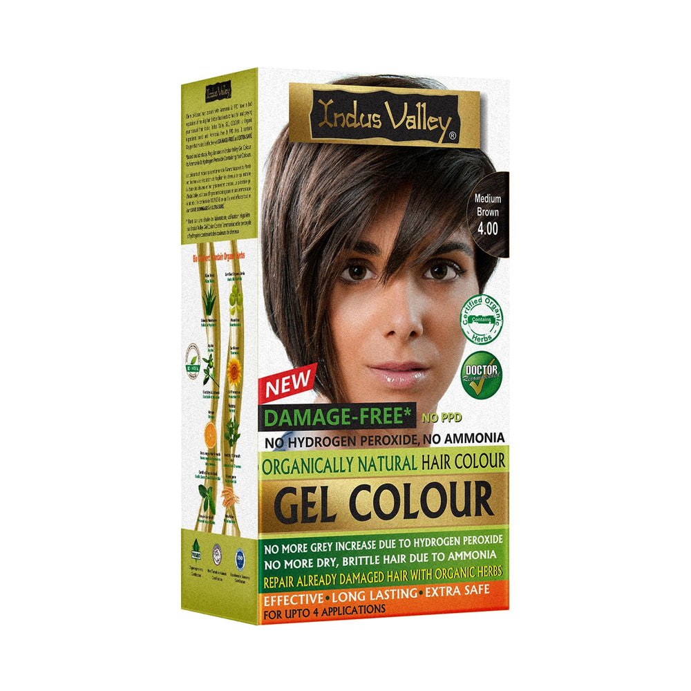 INDUS VALLEY gel hair color pack shot — vegan formula and ammonia-free safety.