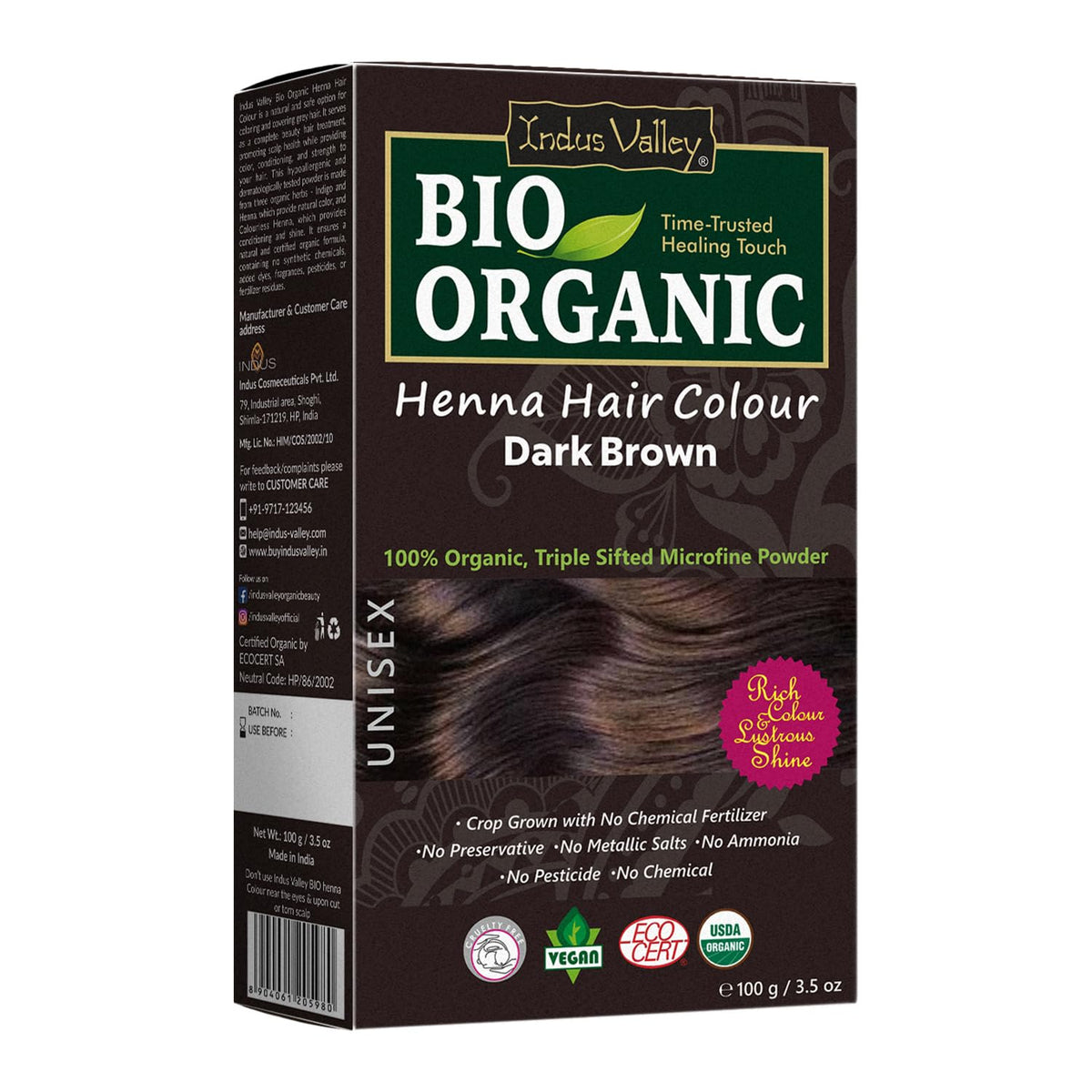INDUS VALLEY Henna polvo oscuro para color natural del cabello