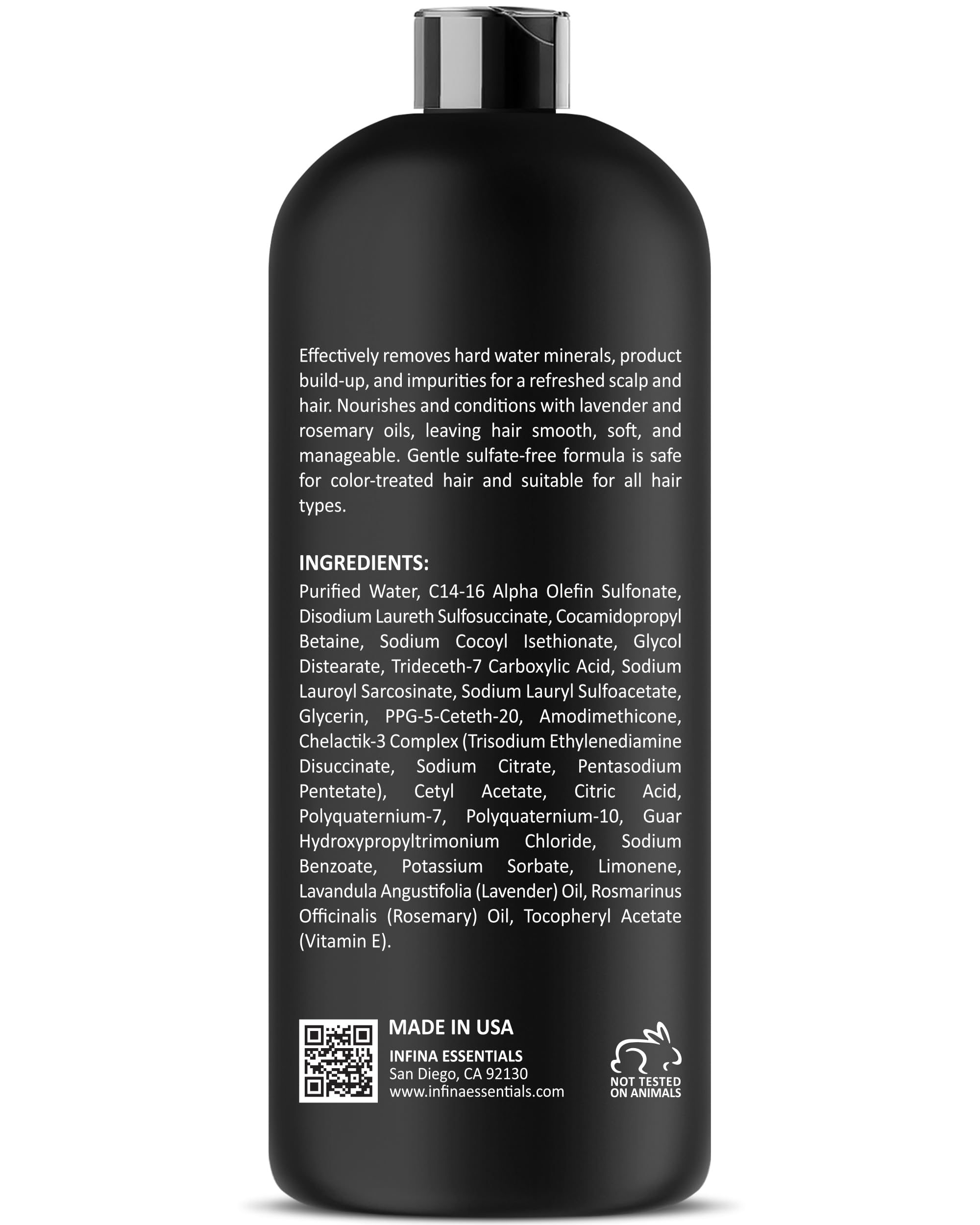 INFINA ESSENTIALS all-hair-types-bottle demonstrates versatile 2-in-1 formula.