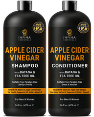INFINA ESSENTIALS apple cider vinegar shampoo bottle clarifies the scalp for shine