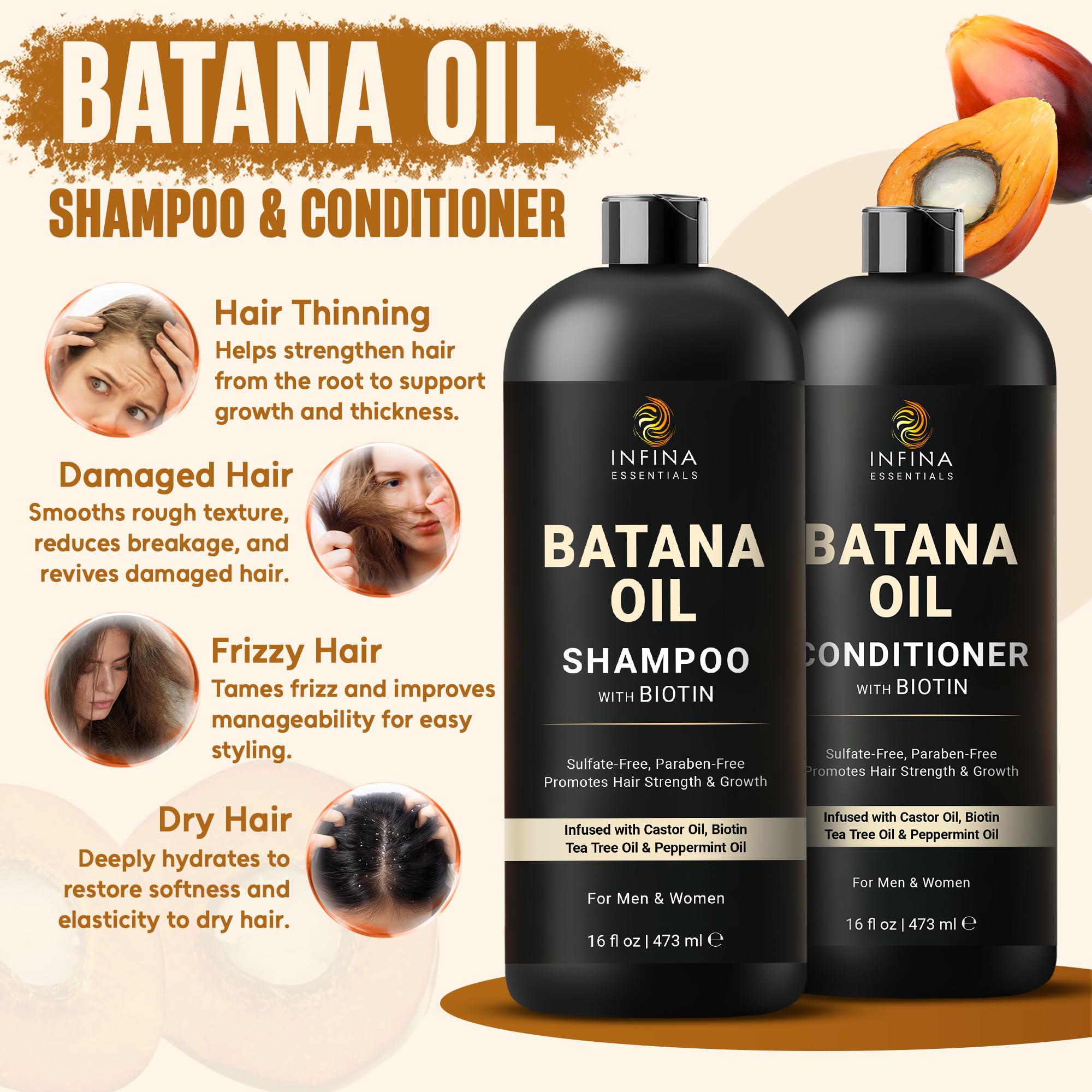INFINA ESSENTIALS Batana Oil Conditioner bottle promoting smooth detangling and thicker-looking hair.