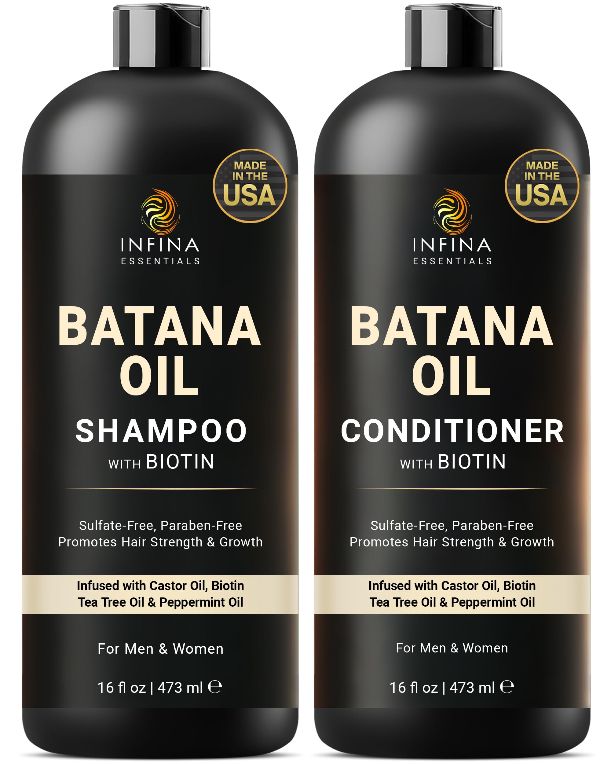 INFINA ESSENTIALS Batana Oil Shampoo bottle for nourishing cleanse and possible hair fullness.