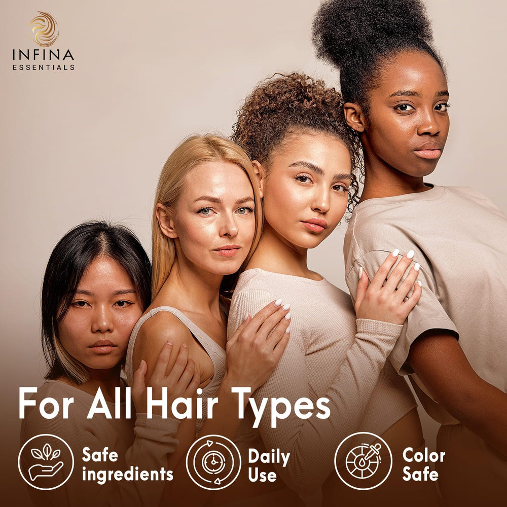 INFINA ESSENTIALS bathroom sink scene suggests daily routine for clean, balanced hair.