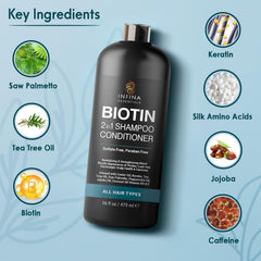 INFINA ESSENTIALS Biotin 2-in-1 Shampoo foam highlights easy lather and conditioning