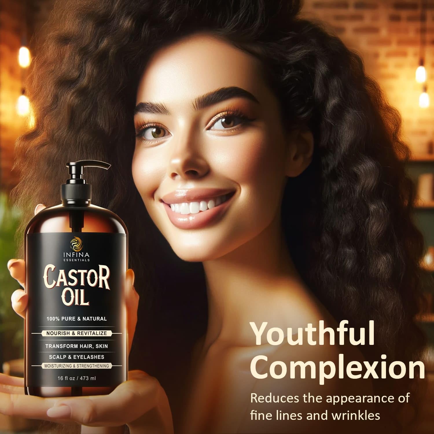 INFINA ESSENTIALS castor oil hair application scene demonstrates versatile scalp care.