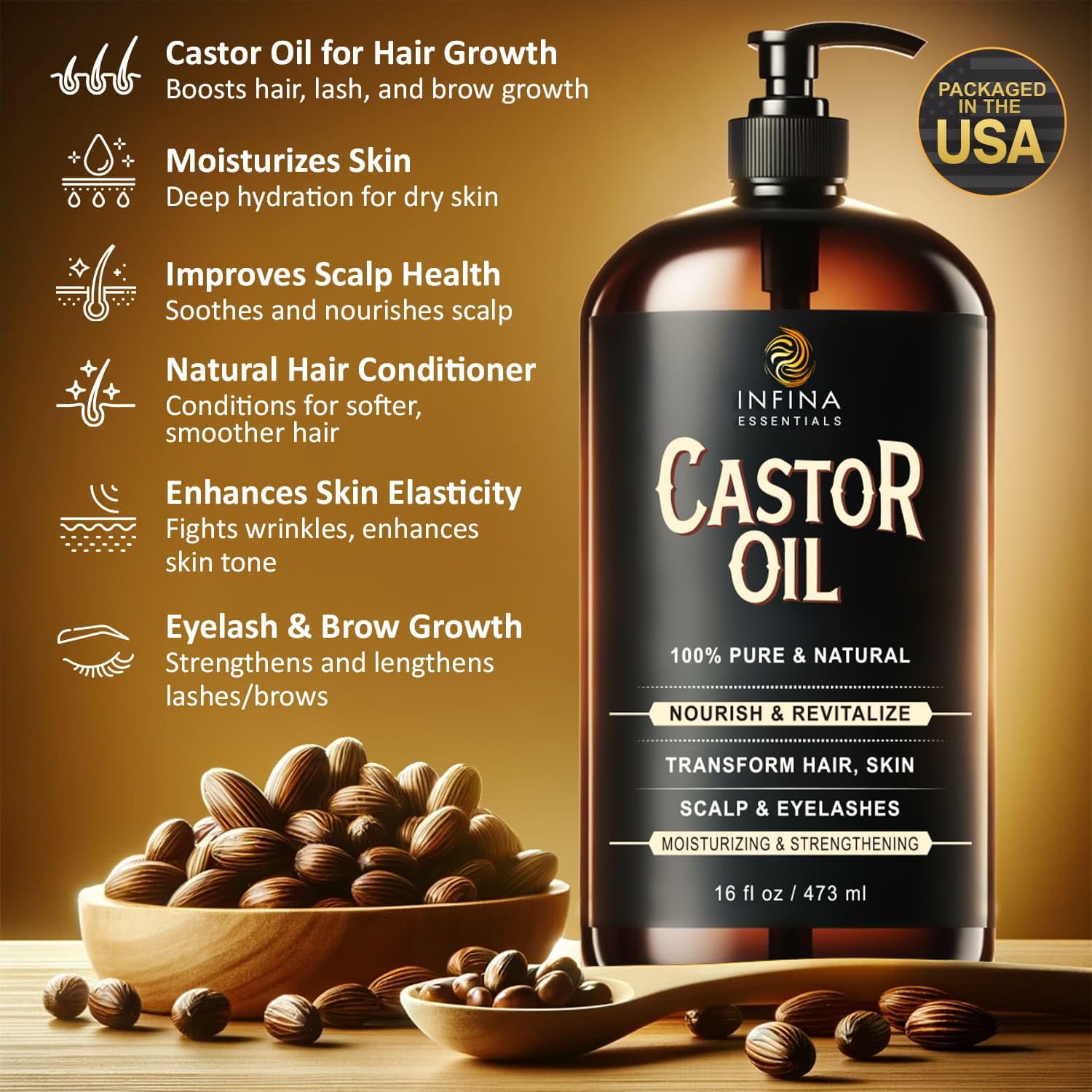 INFINA ESSENTIALS castor oil on the scalp image conveys hydration and natural shine.