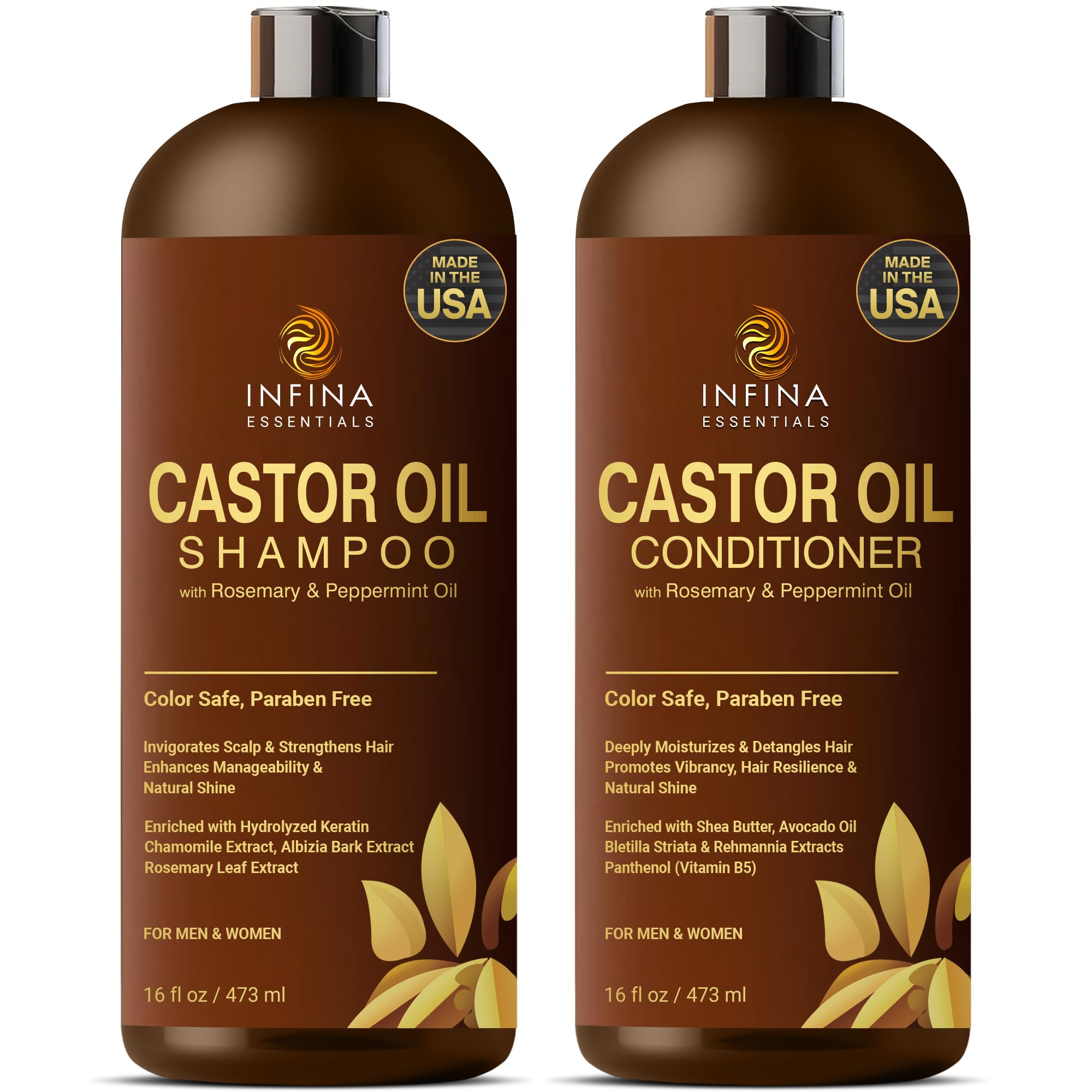 INFINA ESSENTIALS castor oil shampoo bottle highlights invigorating rosemary and peppermint blend for scalp refreshment.