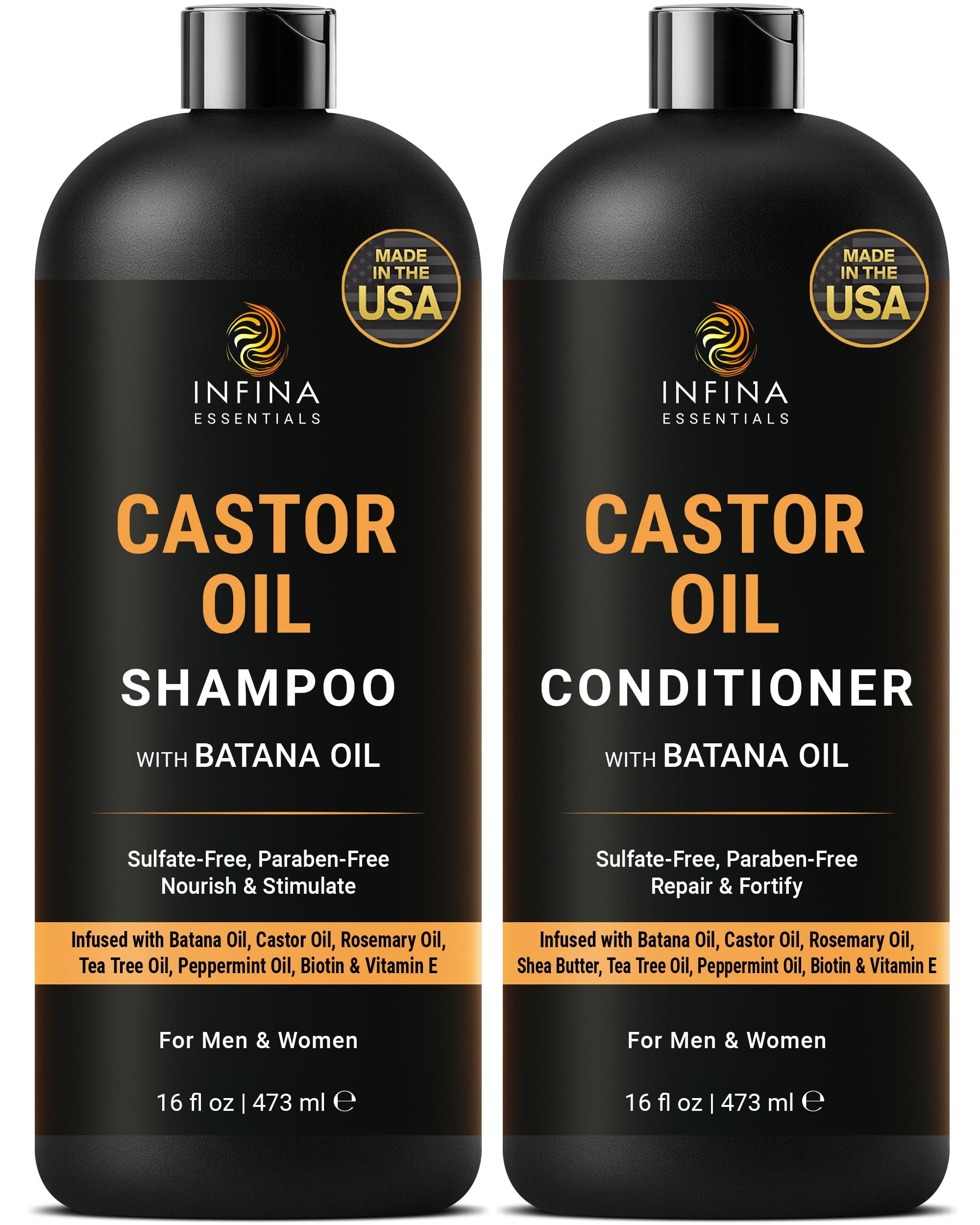 INFINA ESSENTIALS Castor Oil Shampoo bottle promotes fuller-looking hair and daily refresh