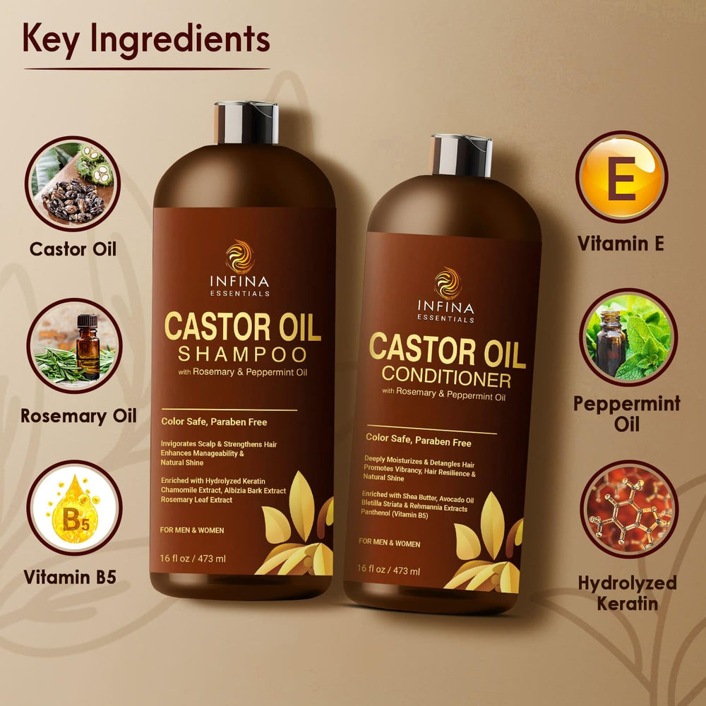 INFINA ESSENTIALS castor oil shampoo label highlights natural ingredients for healthier hair.
