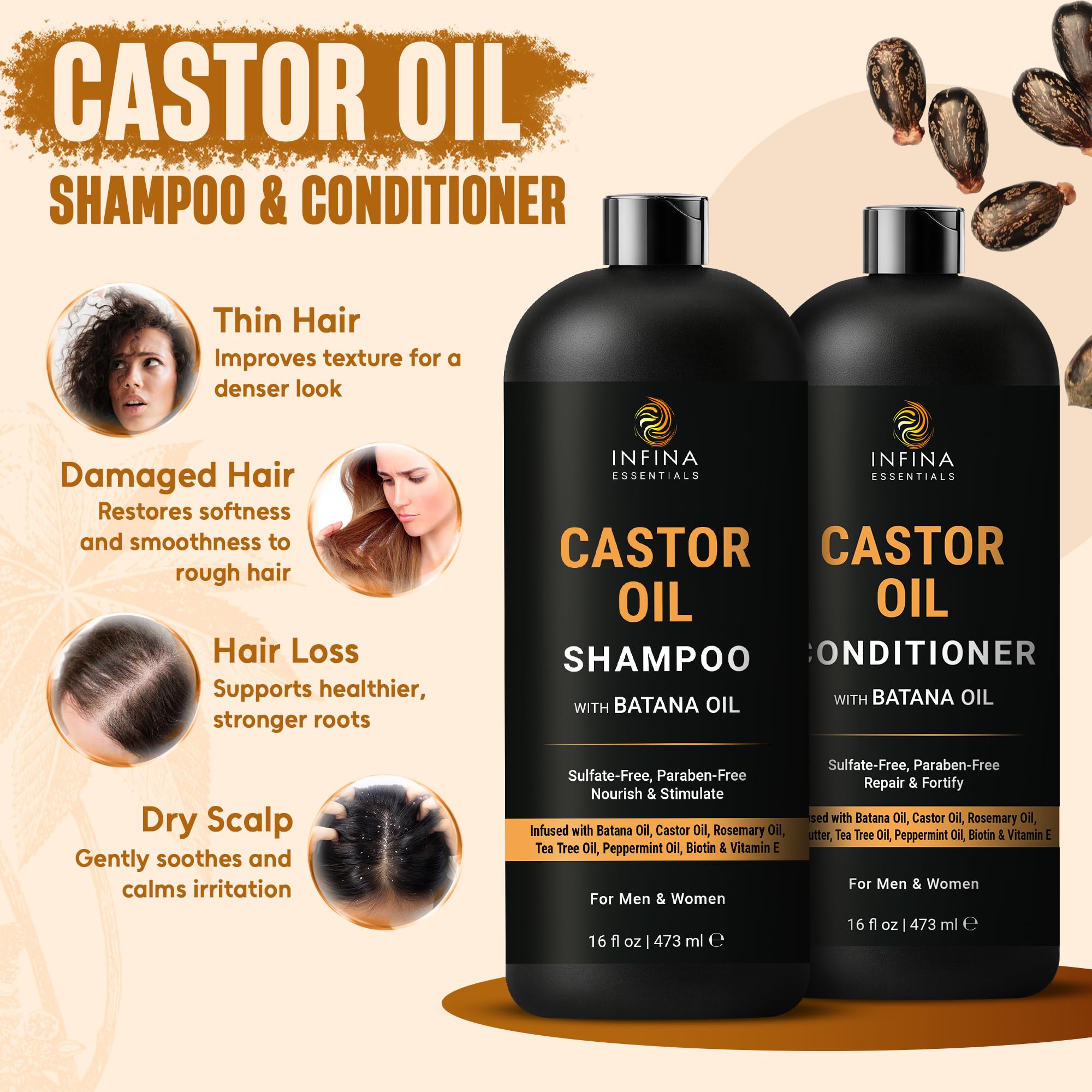 INFINA ESSENTIALS Castor Oil Shampoo label highlights Batana Oil enrichment for healthier scalp feel