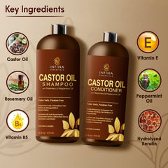INFINA ESSENTIALS castor oil shampoo label highlights natural ingredients for healthier hair.