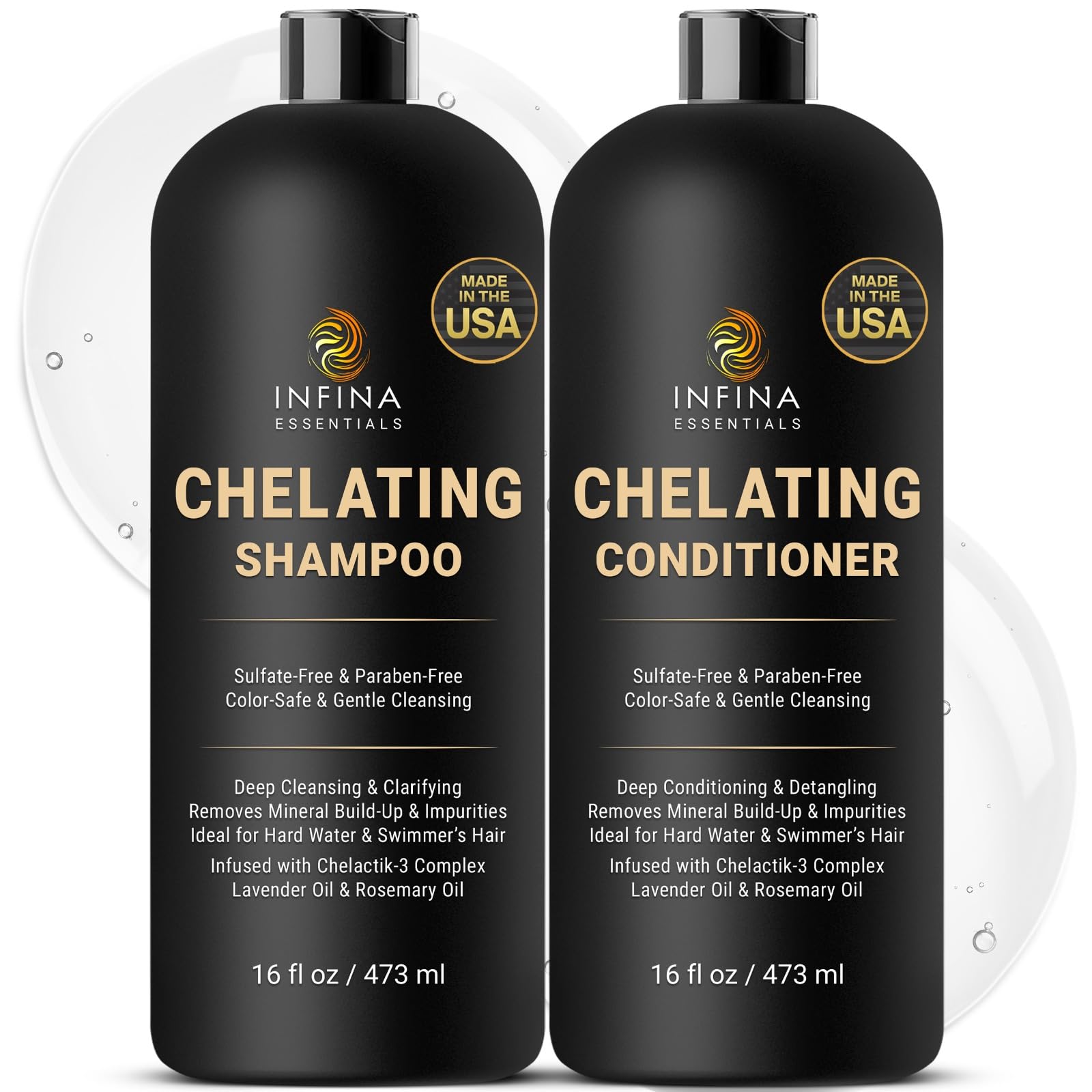 INFINA ESSENTIALS Chelating Shampoo bottle with rich lather for mineral buildup removal