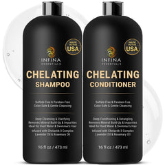 INFINA ESSENTIALS Chelating Shampoo bottle with rich lather for mineral buildup removal