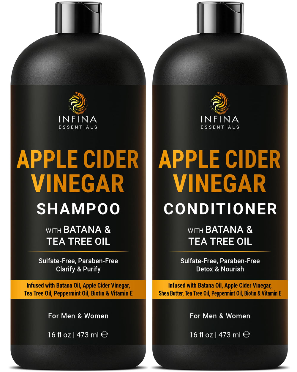 INFINA ESSENTIALS front packaging showing shampoo and conditioner pair benefit