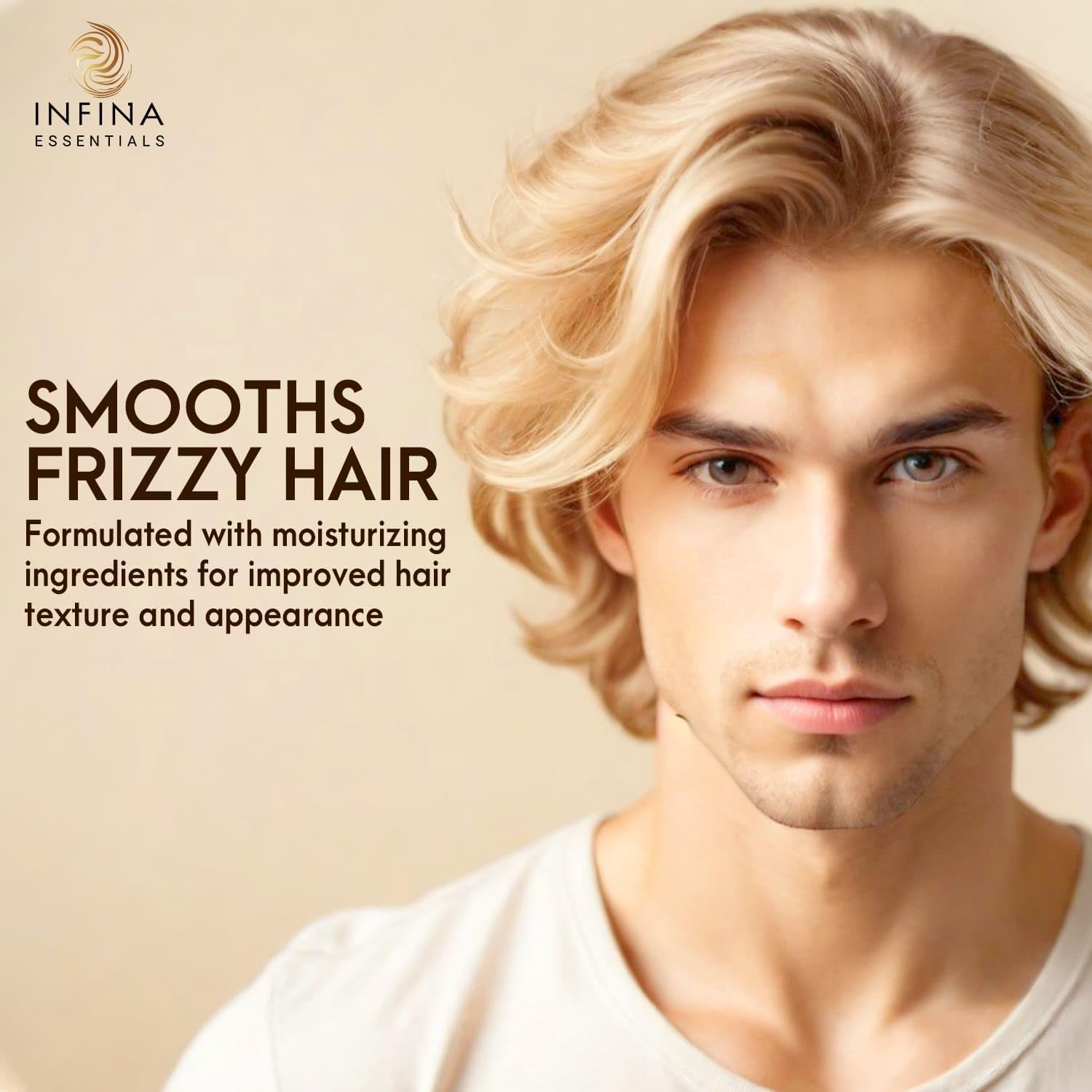INFINA ESSENTIALS hair strands show shine and strength from castor oil blend.