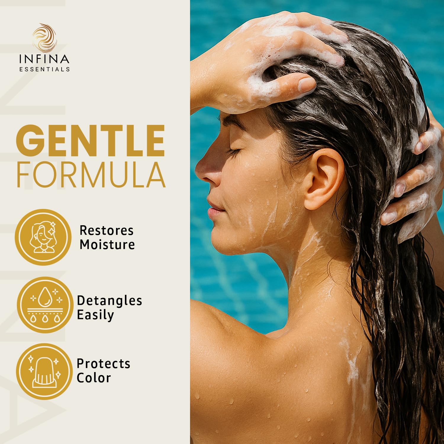 INFINA ESSENTIALS hard-water-conditioner-bottle nourishes while cleansing hair.