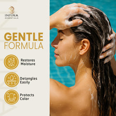 INFINA ESSENTIALS hard-water-conditioner-bottle nourishes while cleansing hair.