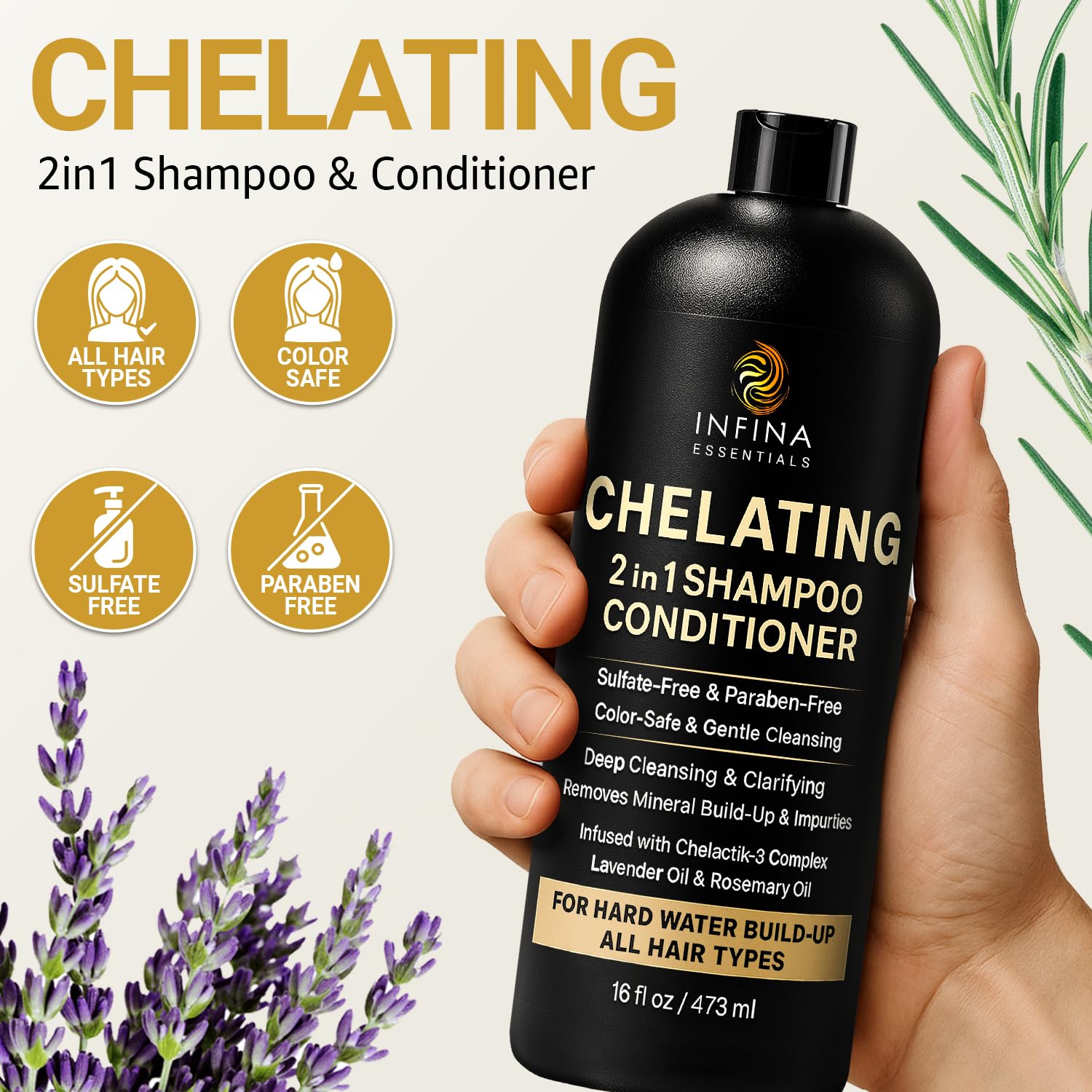INFINA ESSENTIALS hard-water-oils-rosemary-lavender offers scalp-calming aroma.