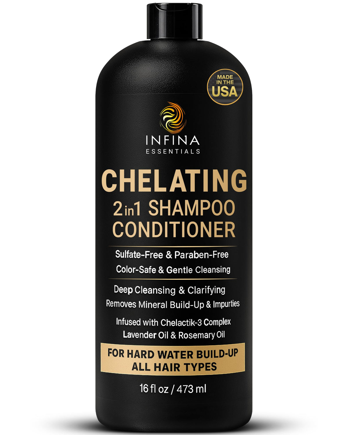 INFINA ESSENTIALS hard-water-shampoo-bottle reduces mineral buildup for brighter hair.