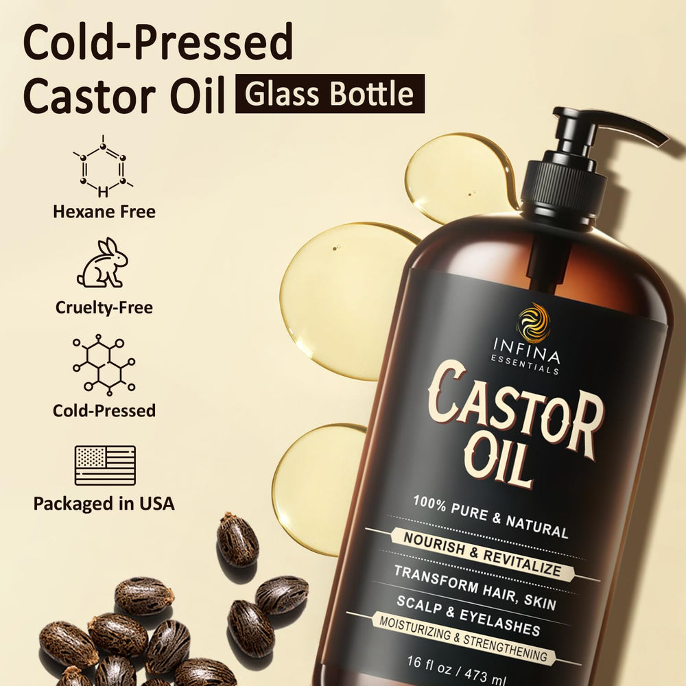 INFINA ESSENTIALS hexane-free castor oil glass bottle emphasizing purity and premium quality.