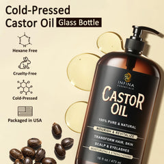 INFINA ESSENTIALS hexane-free castor oil glass bottle emphasizing purity and premium quality.