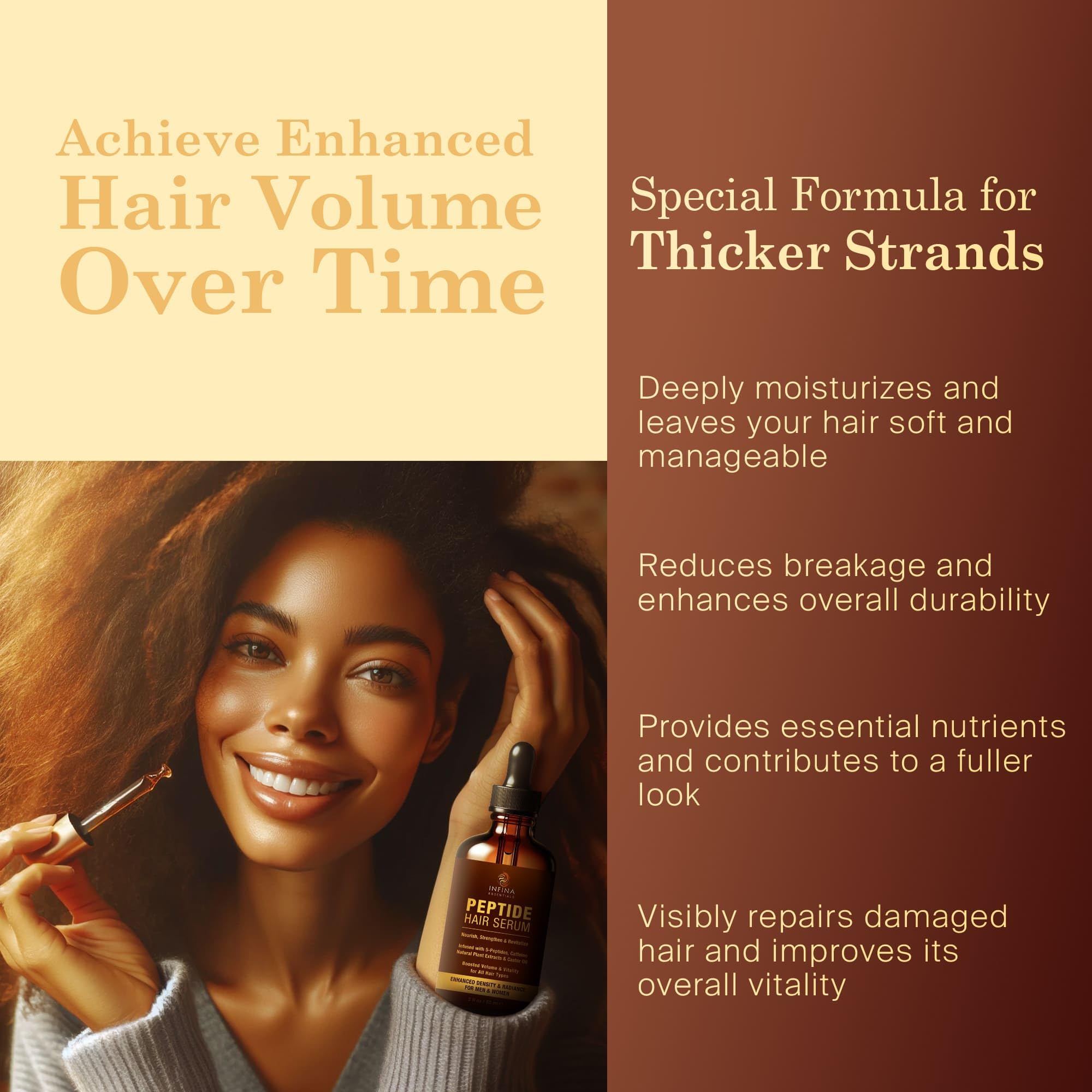 INFINA ESSENTIALS peptide serum on frizzed hair demonstrates humidity resistance and shine