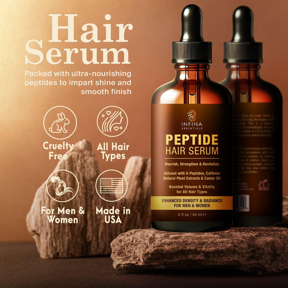 INFINA ESSENTIALS peptide serum in hand conveying quick leave-in protection for busy mornings