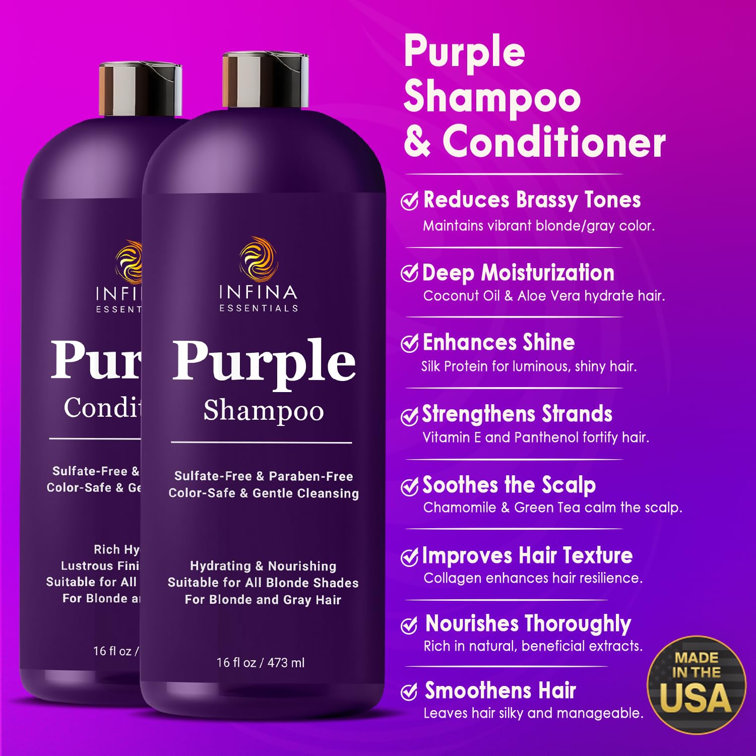 INFINA ESSENTIALS purple conditioner bottle pour shows hydrating coconut oil and aloe vera.