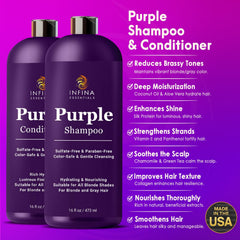 INFINA ESSENTIALS purple conditioner bottle pour shows hydrating coconut oil and aloe vera.