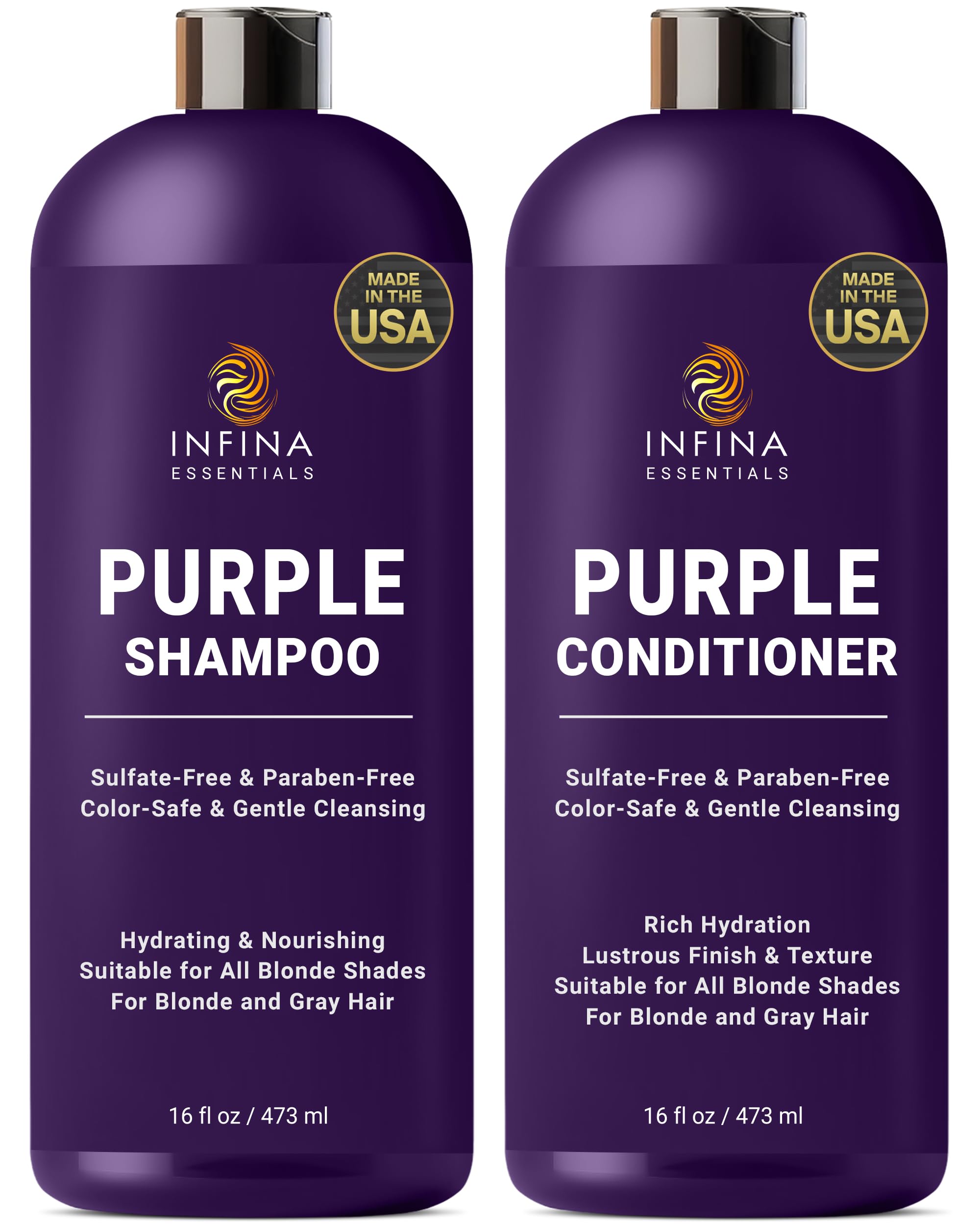 INFINA ESSENTIALS purple shampoo bottle pour highlights sulfate-free cleansing for cooler blonde tones.