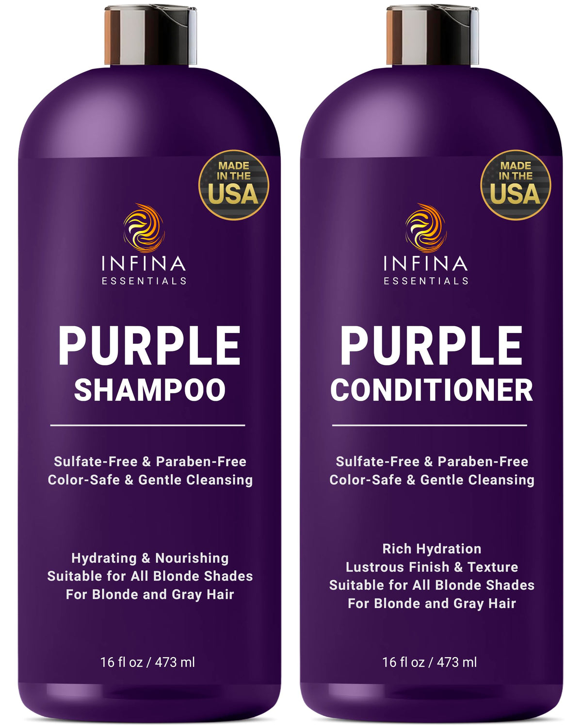INFINA ESSENTIALS purple shampoo bottle pour highlights sulfate-free cleansing for cooler blonde tones.