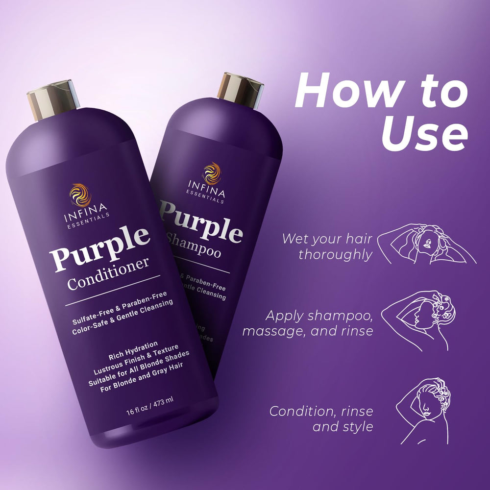 INFINA ESSENTIALS purple shampoo and conditioner set on shelf conveys color-safe care.