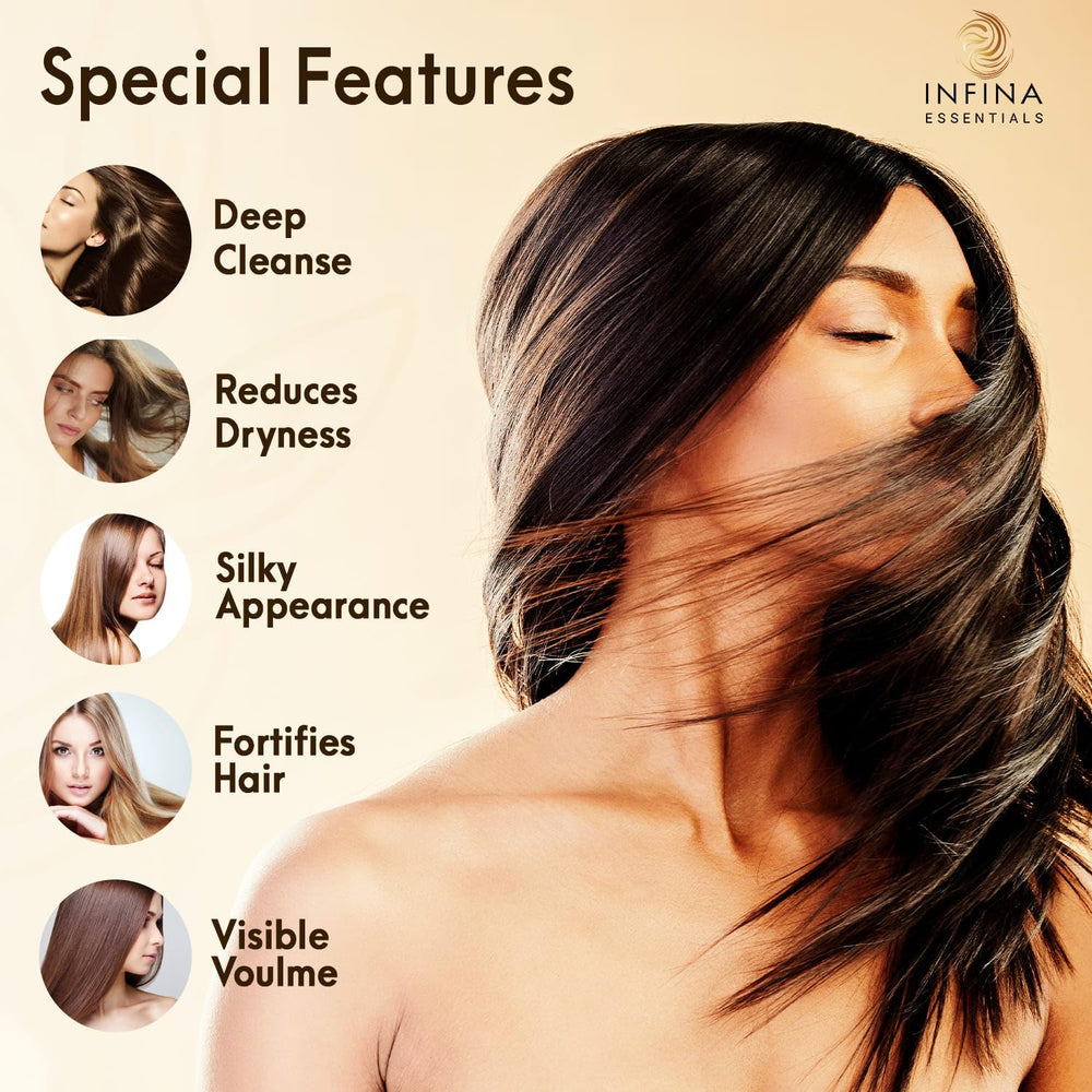 INFINA ESSENTIALS rosemary leaves suggest invigorating scalp care and growth support.