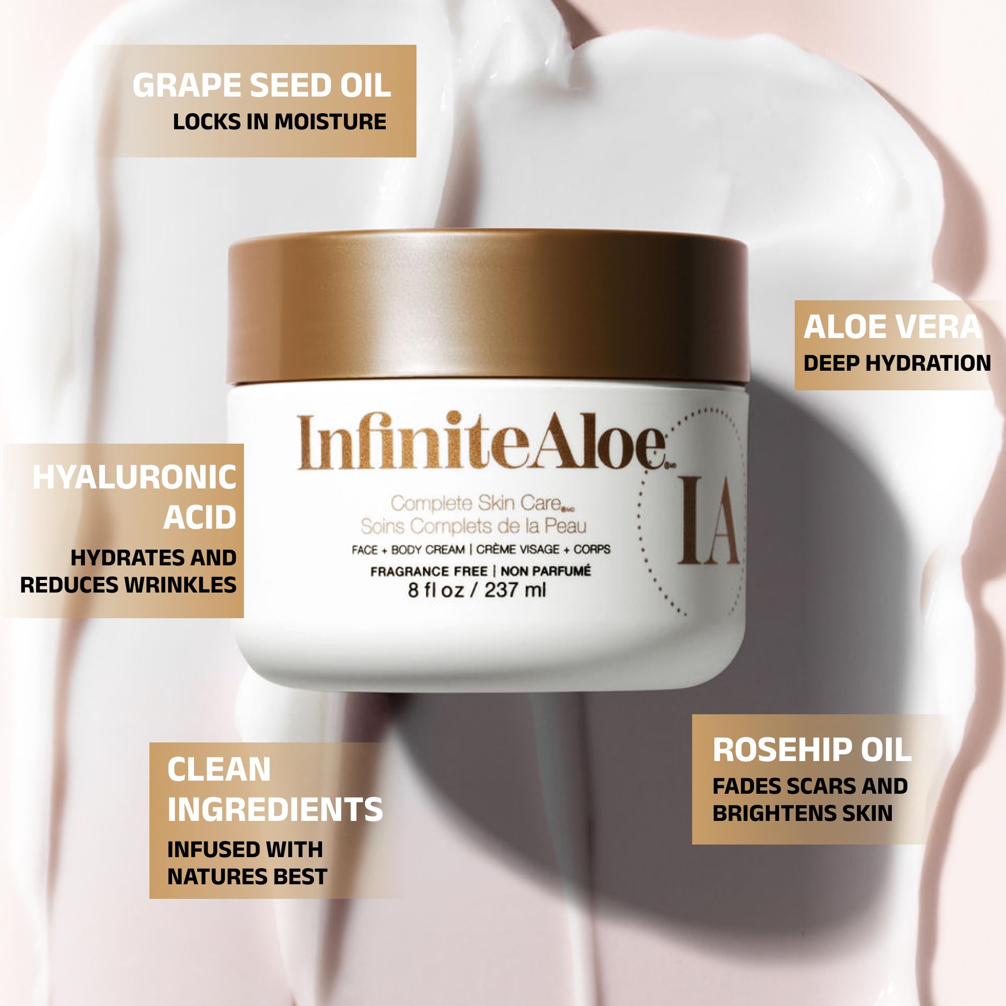 InfiniteAloe Complete Skin Care jar back view indicates large 8 oz packaging.