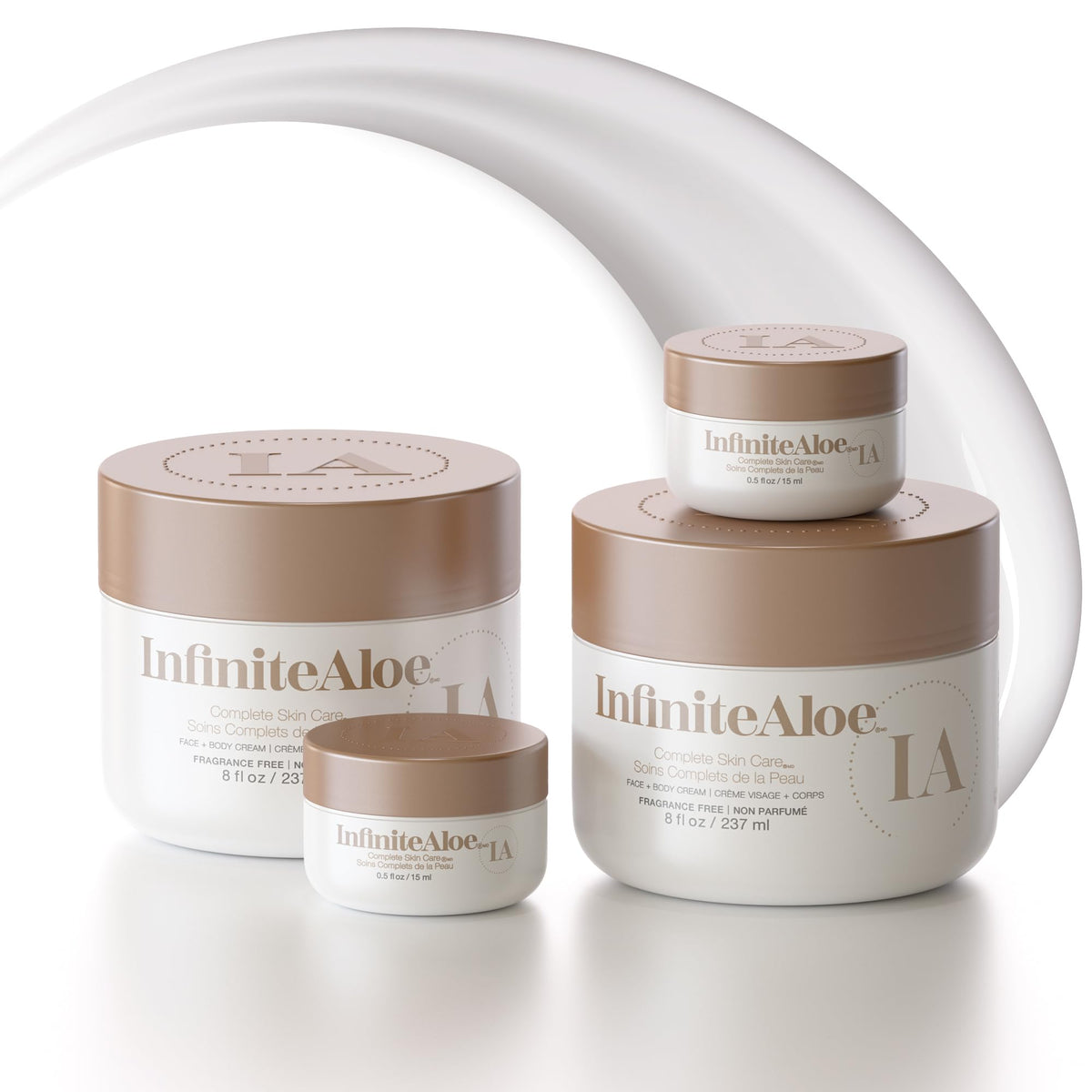 InfiniteAloe Complete Skin Care jar close-up shows fragrance-free hydration for sensitive skin.