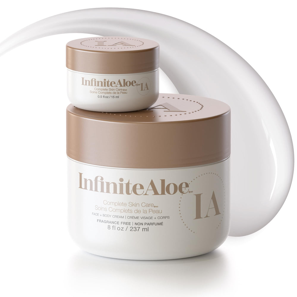 InfiniteAloe Complete Skin Care large jar demonstrates all-day hydration for dry skin.